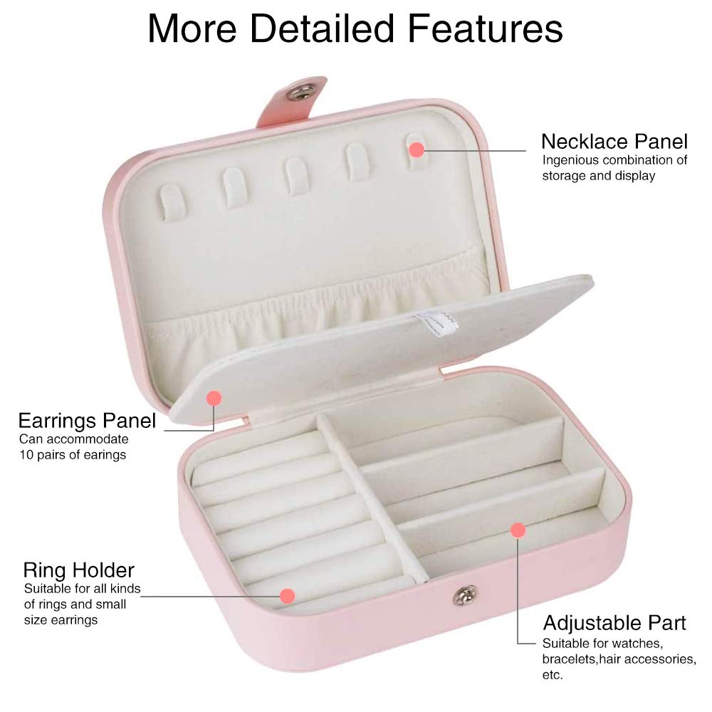 ELEGANTIX Faux Leather Travel Jewelry Organizer Box, Easy Carry Jewelry Box For Traveling, Gift Jewelry Case For Women, Girls (Earring, Necklace, Ring, Watch, Bracelet, Lovely Pink)